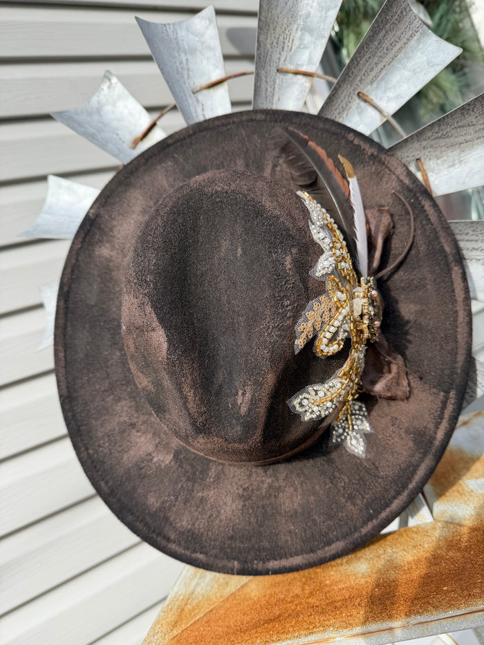 Mocha Artisan Feather Embellished Flat Brim Hat
