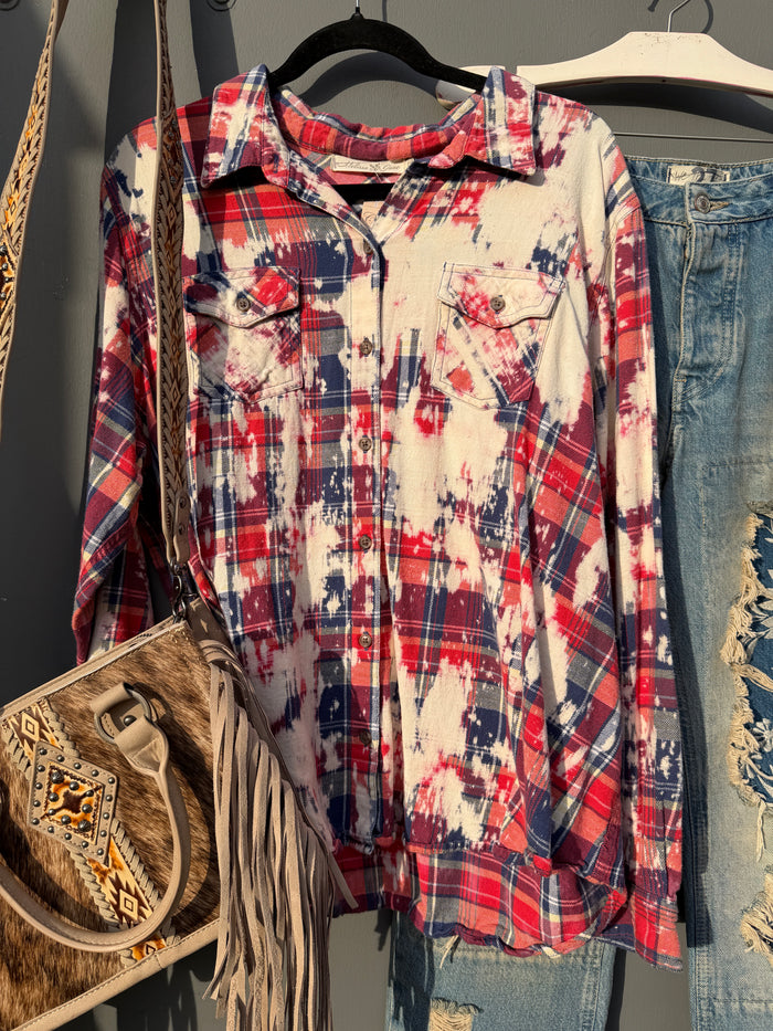 Keep Calm and Farm On Distressed Flannel Shirt with Lace