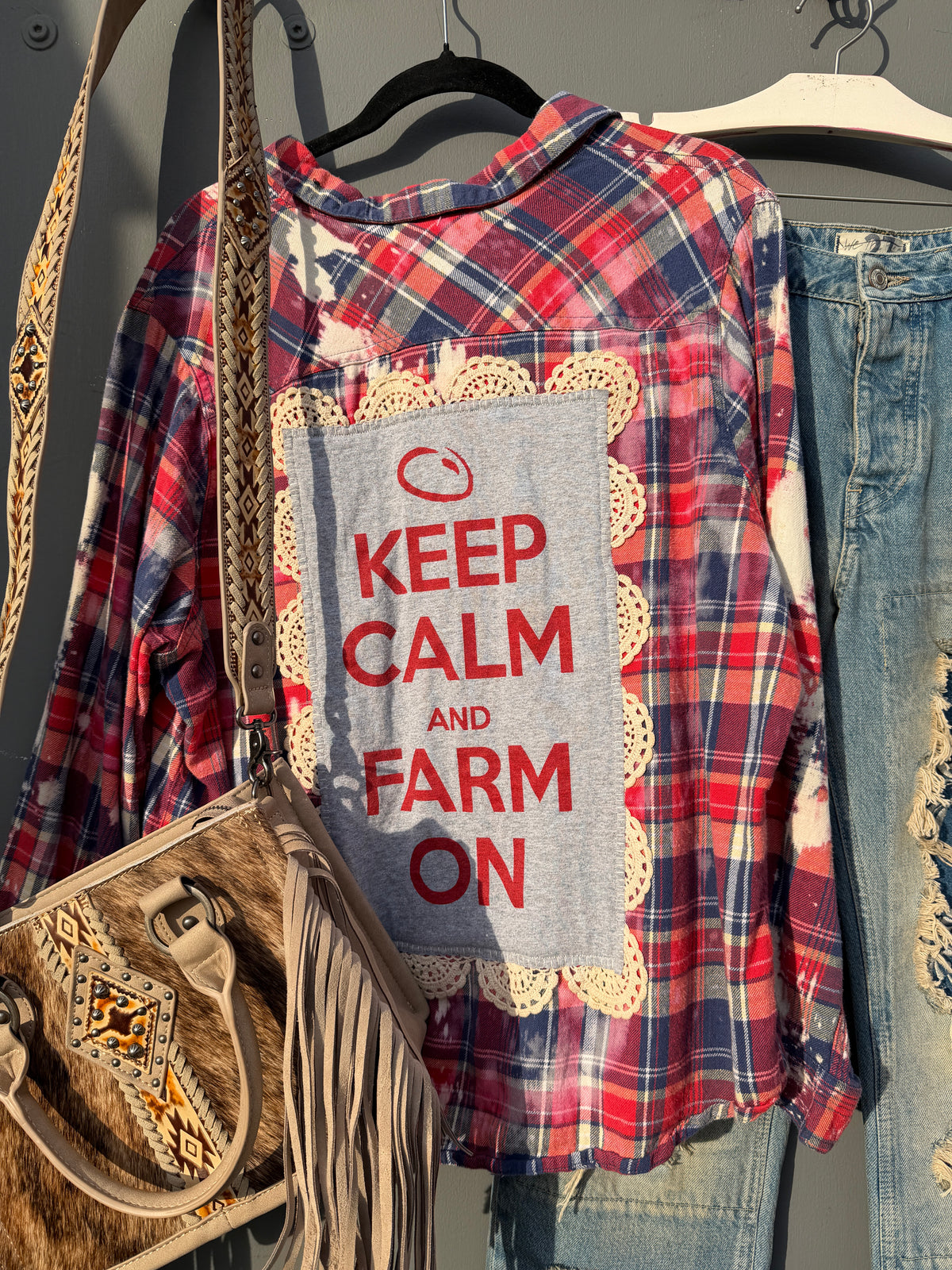 Keep Calm and Farm On Distressed Flannel Shirt with Lace