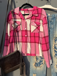 Gypsy Style Artisan Crop Flannel Shirt - Hot Pink