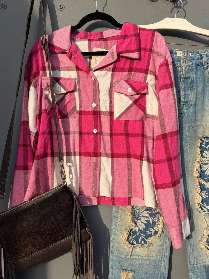 Gypsy Style Artisan Crop Flannel Shirt - Hot Pink