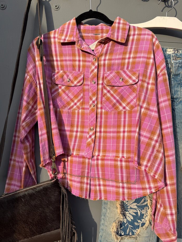 Gypsy Style Artisan High Low Plaid Shirt - Pink