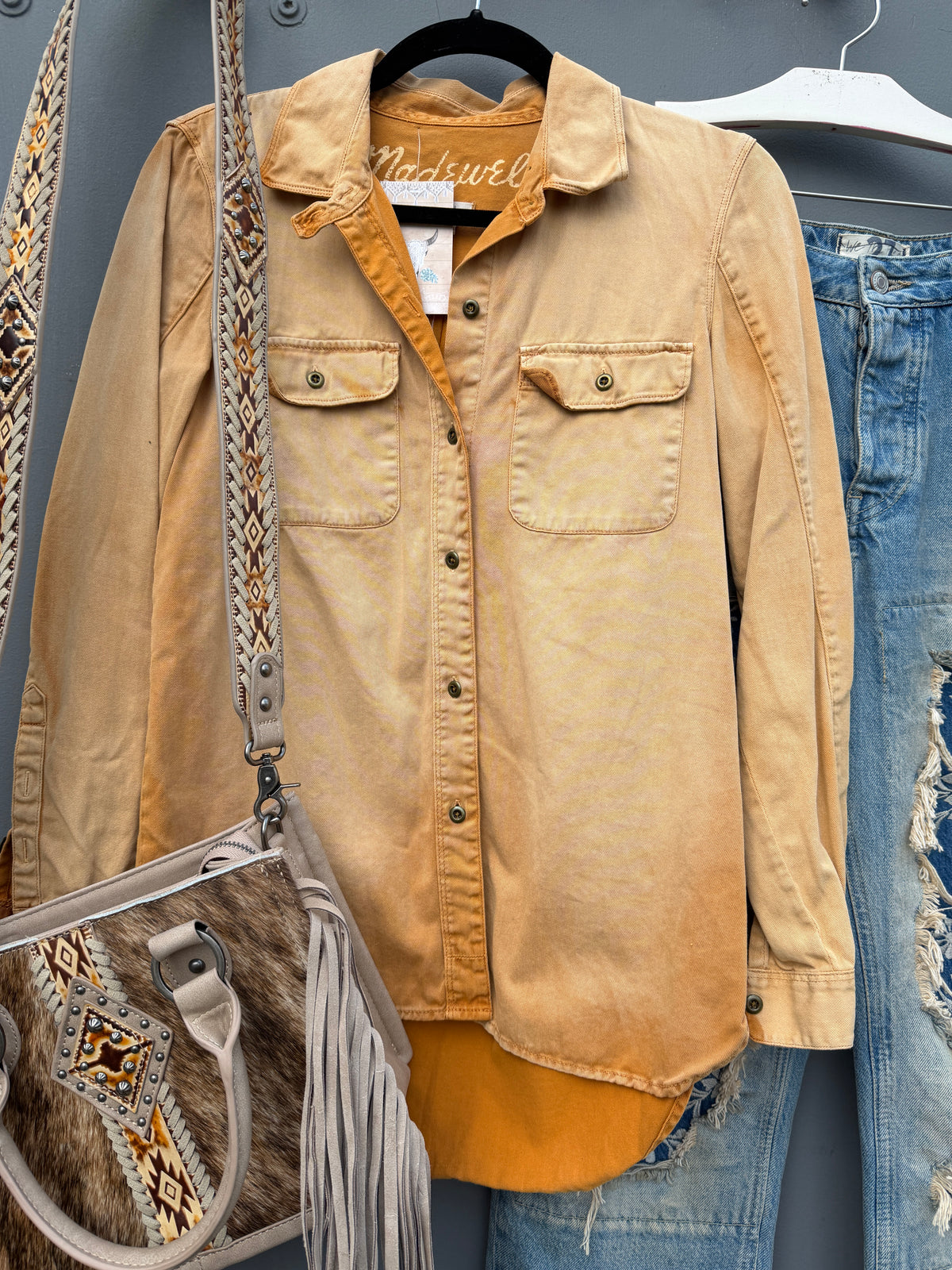 Wild Horses Mustard Distressed Button Up