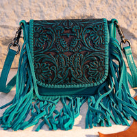 Montana West Genuine Leather Tooled Fringe Crossbody -Teal