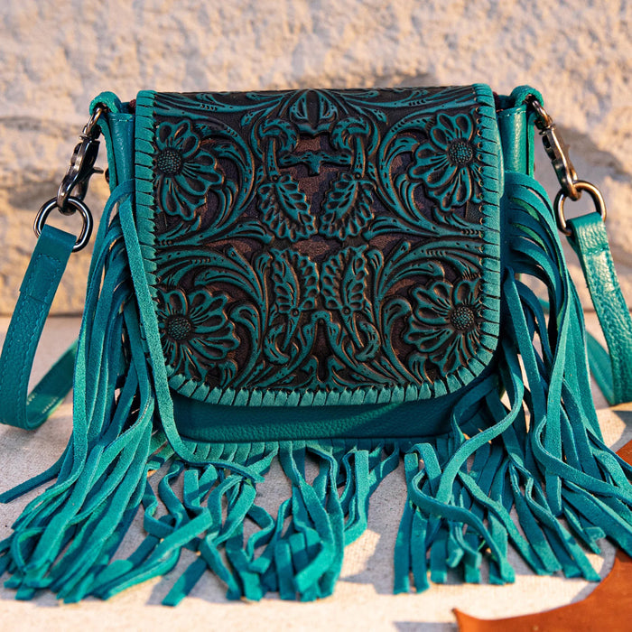 Montana West Genuine Leather Tooled Fringe Crossbody -Teal