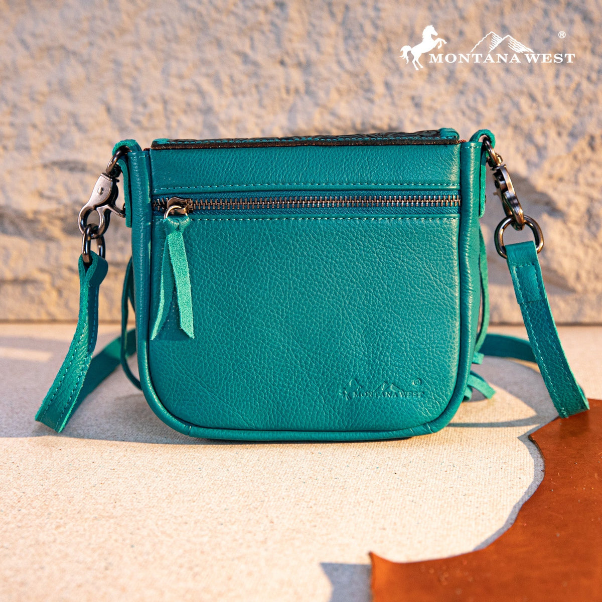 Montana West Genuine Leather Tooled Fringe Crossbody -Teal