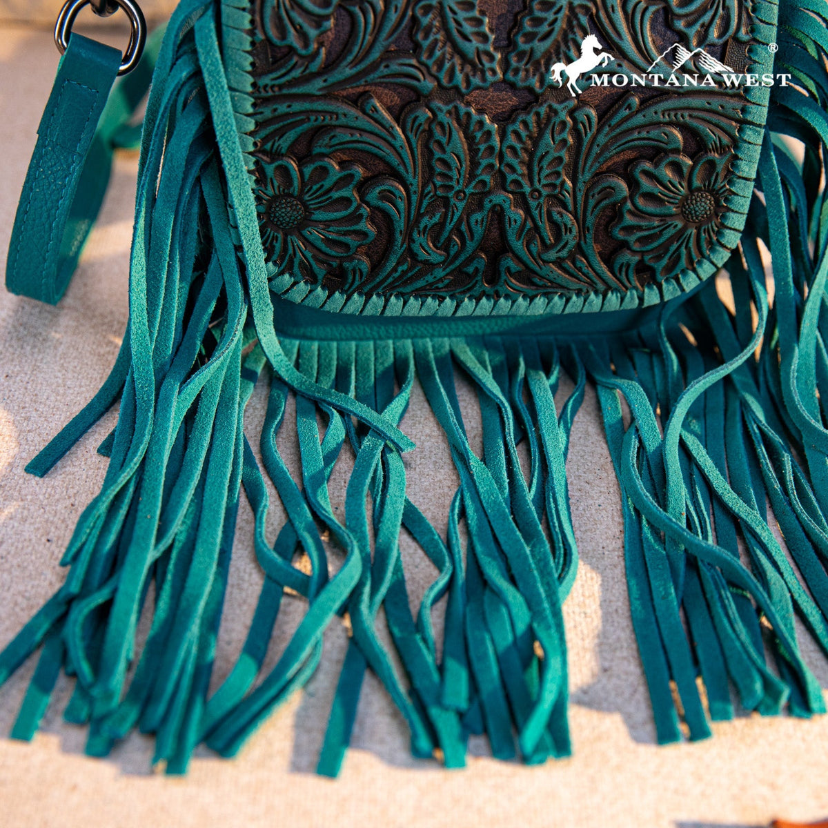 Montana West Genuine Leather Tooled Fringe Crossbody -Teal