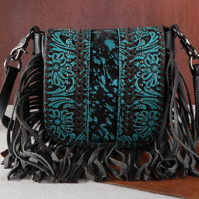 Montana West Genuine Leather Tooled Collection Fringe Crossbody -Teal Metallic