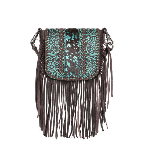 Montana West Genuine Leather Tooled Collection Fringe Crossbody -Teal Metallic