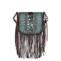 Montana West Genuine Leather Tooled Collection Fringe Crossbody -Teal Metallic