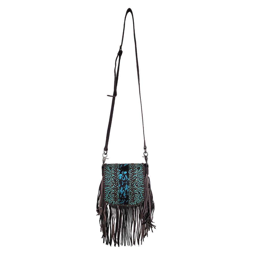 Montana West Genuine Leather Tooled Collection Fringe Crossbody -Teal Metallic