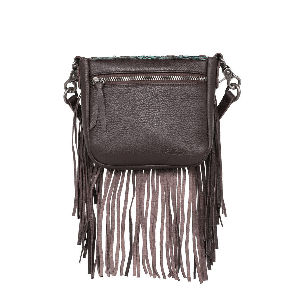 Montana West Genuine Leather Tooled Collection Fringe Crossbody -Teal Metallic