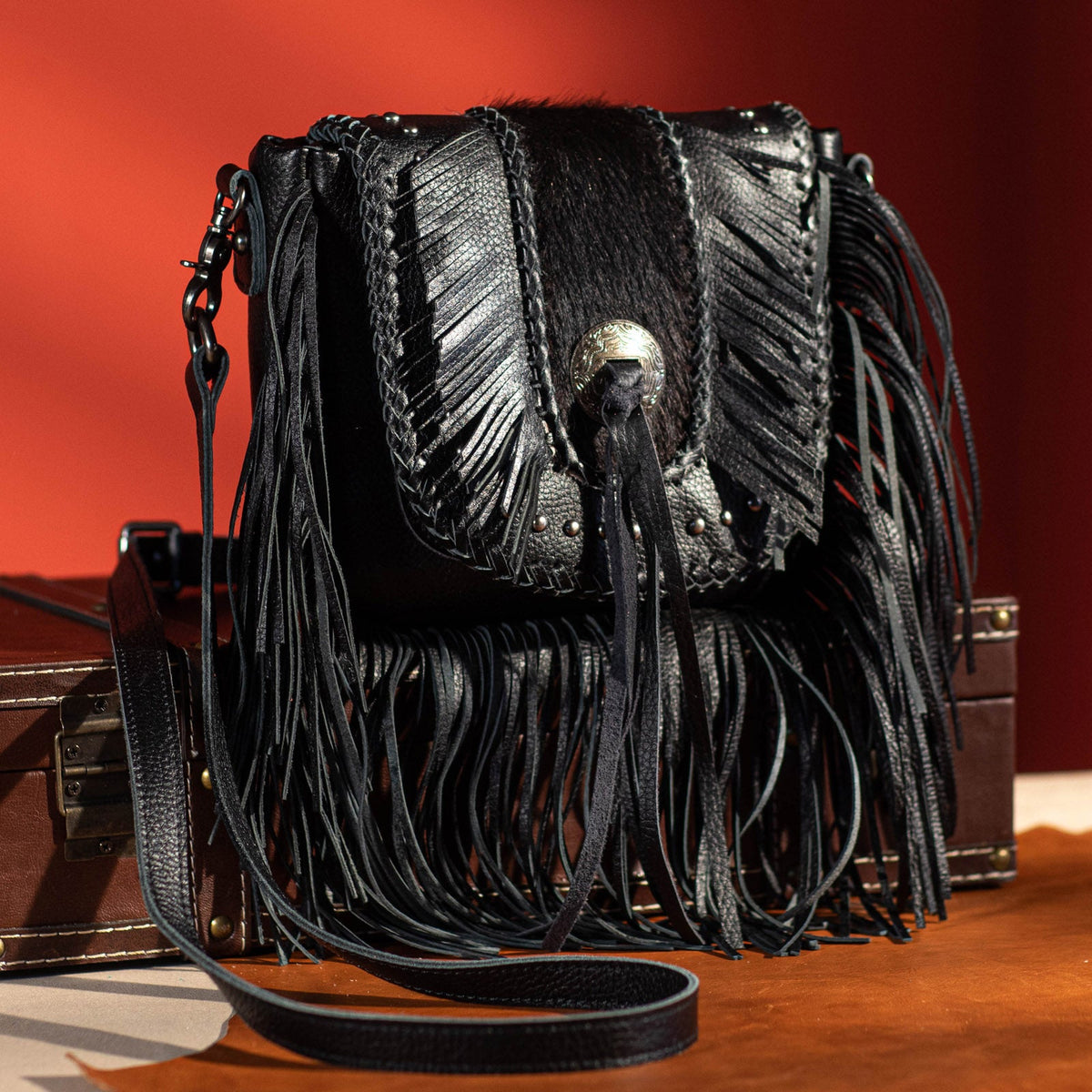 Montana West Genuine Leather Hair-On Cowhide Fringe Bohemian Crossbody - Black
