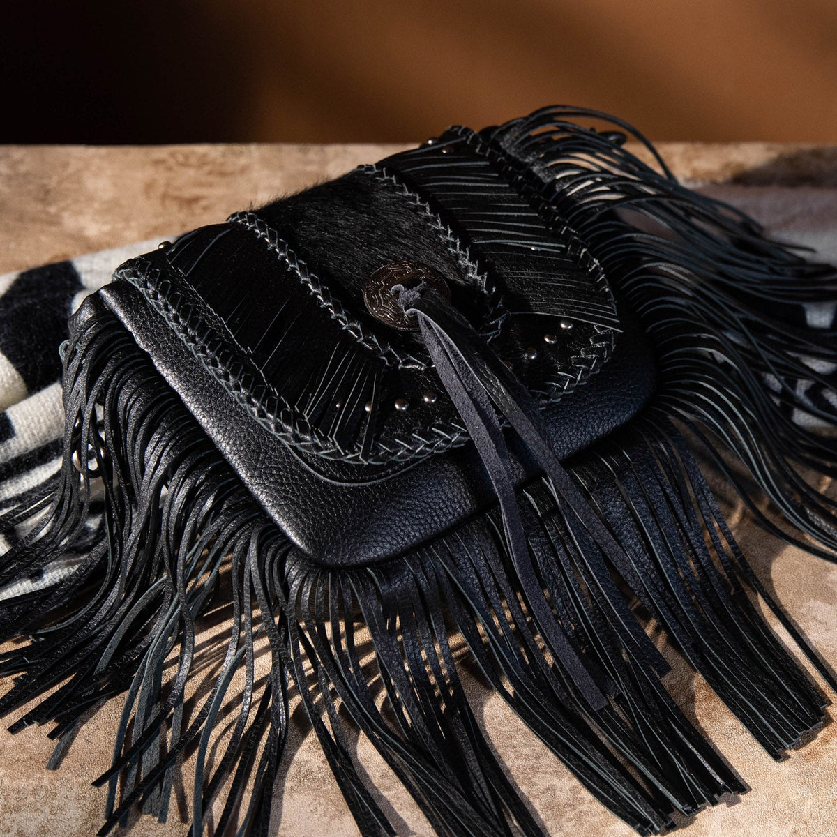 Montana West Genuine Leather Hair-On Cowhide Fringe Bohemian Crossbody - Black