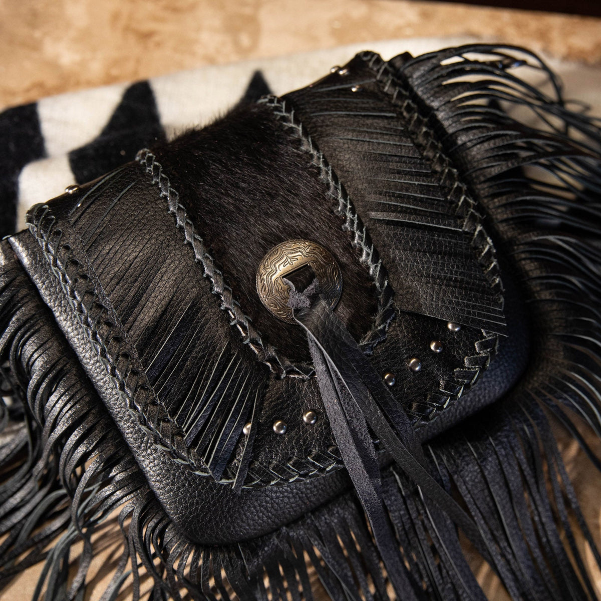 Montana West Genuine Leather Hair-On Cowhide Fringe Bohemian Crossbody - Black
