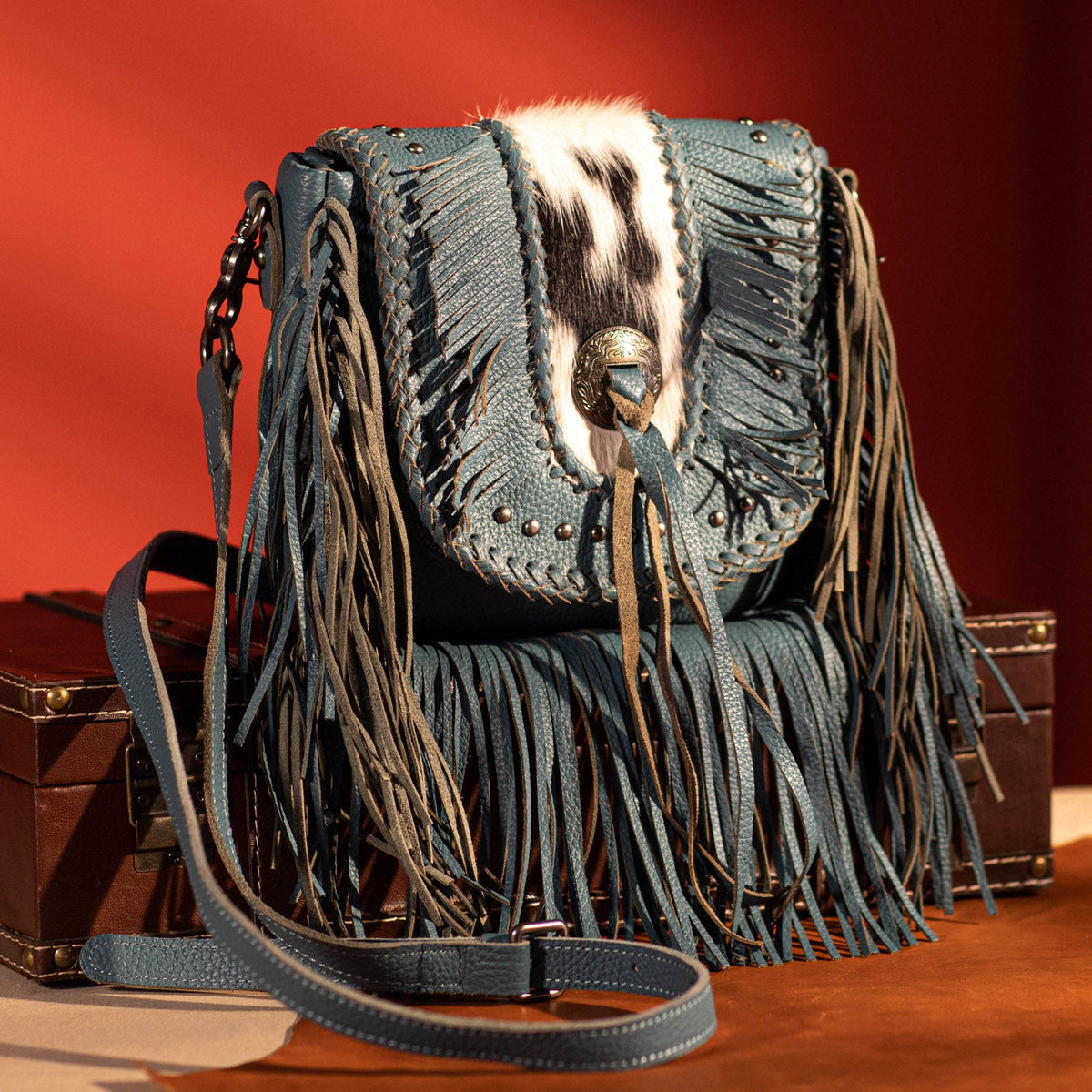 Montana West Genuine Leather Hair-On Cowhide Fringe Bohemian Crossbody - Jean Blue