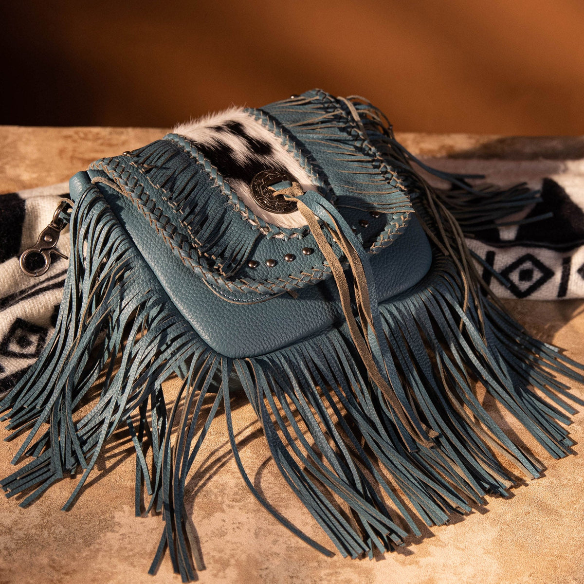 Montana West Genuine Leather Hair-On Cowhide Fringe Bohemian Crossbody - Jean Blue
