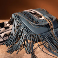 Montana West Genuine Leather Hair-On Cowhide Fringe Bohemian Crossbody - Jean Blue