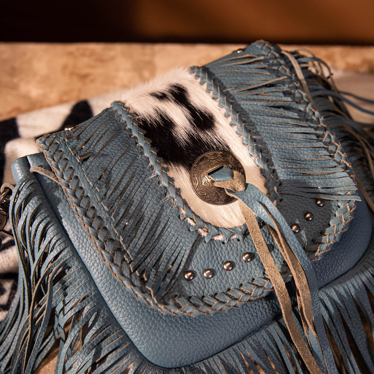 Montana West Genuine Leather Hair-On Cowhide Fringe Bohemian Crossbody - Jean Blue