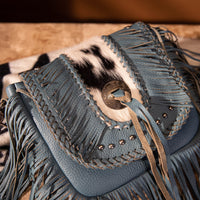 Montana West Genuine Leather Hair-On Cowhide Fringe Bohemian Crossbody - Jean Blue