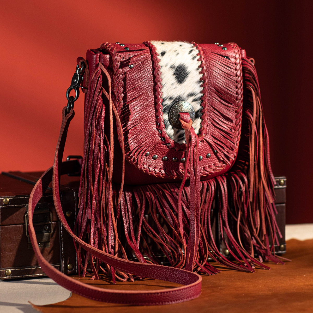 Montana West Genuine Leather Hair-On Cowhide Fringe Bohemian Crossbody - Burgundy
