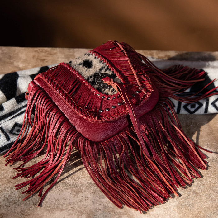 Montana West Genuine Leather Hair-On Cowhide Fringe Bohemian Crossbody - Burgundy