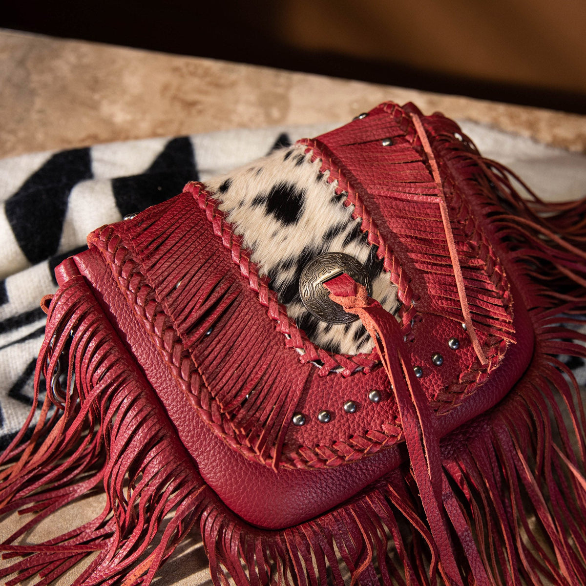 Montana West Genuine Leather Hair-On Cowhide Fringe Bohemian Crossbody - Burgundy