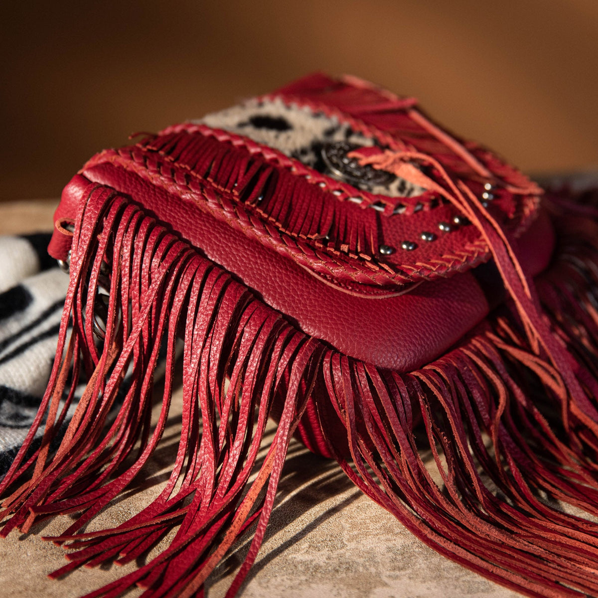 Montana West Genuine Leather Hair-On Cowhide Fringe Bohemian Crossbody - Burgundy