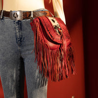 Montana West Genuine Leather Hair-On Cowhide Fringe Bohemian Crossbody - Burgundy