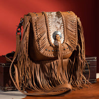 Montana West Genuine Leather Hair-On Cowhide Fringe Bohemian Crossbody - Camel