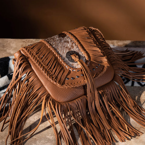 Montana West Genuine Leather Hair-On Cowhide Fringe Bohemian Crossbody - Camel