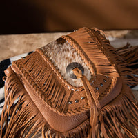 Montana West Genuine Leather Hair-On Cowhide Fringe Bohemian Crossbody - Camel