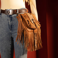 Montana West Genuine Leather Hair-On Cowhide Fringe Bohemian Crossbody - Camel