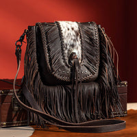 Montana West Genuine Leather Hair-On Cowhide Fringe Bohemian Crossbody - Dark Brown