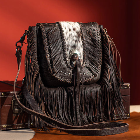 Montana West Genuine Leather Hair-On Cowhide Fringe Bohemian Crossbody - Dark Brown