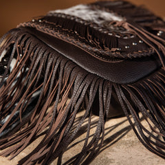 Montana West Genuine Leather Hair-On Cowhide Fringe Bohemian Crossbody - Dark Brown