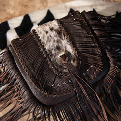 Montana West Genuine Leather Hair-On Cowhide Fringe Bohemian Crossbody - Dark Brown