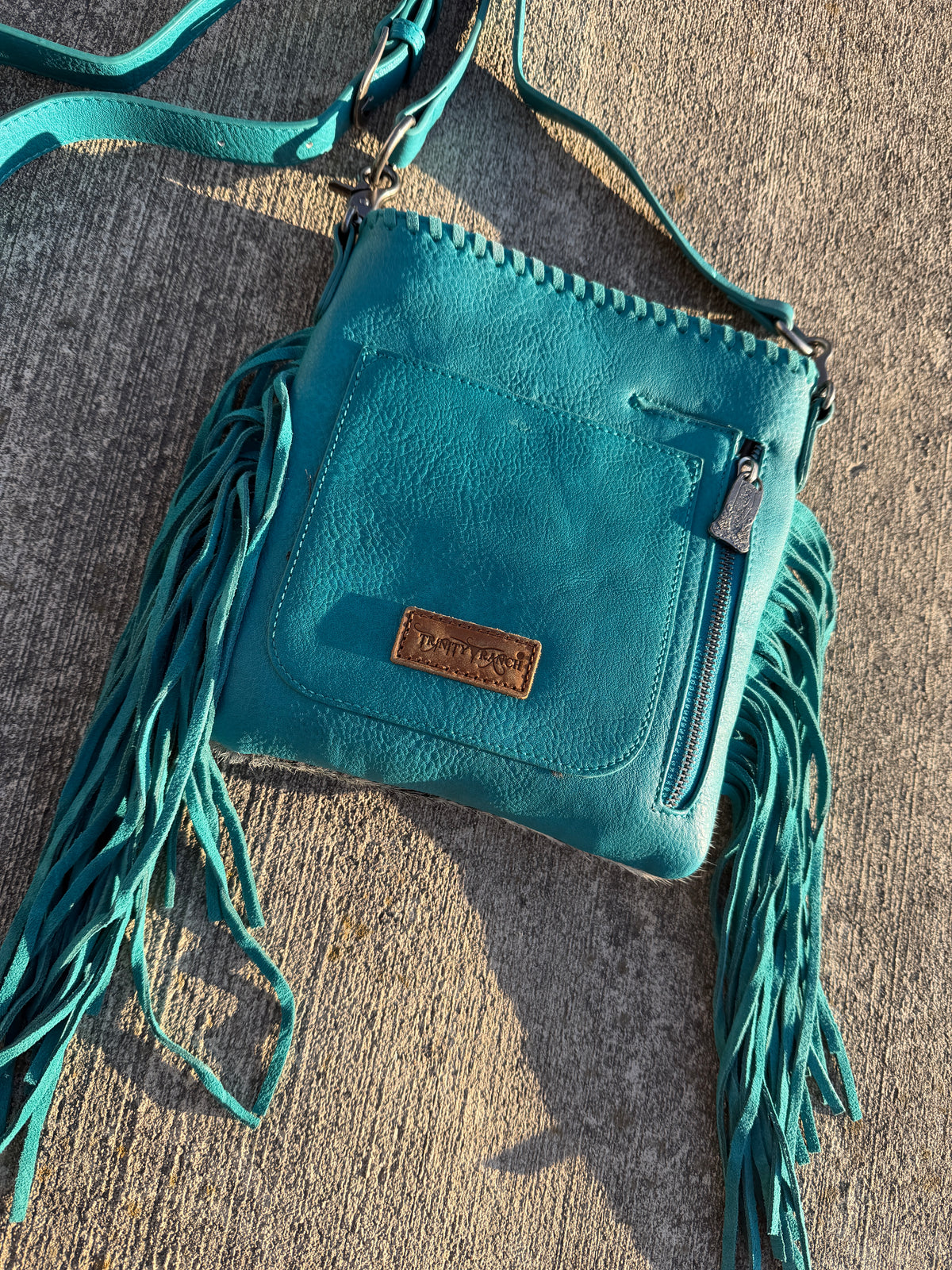 Trinity Ranch Hair-On Cowhide Fringe Concealed Carry Crossbody Bag - Teal