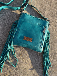 Trinity Ranch Hair-On Cowhide Fringe Concealed Carry Crossbody Bag - Teal