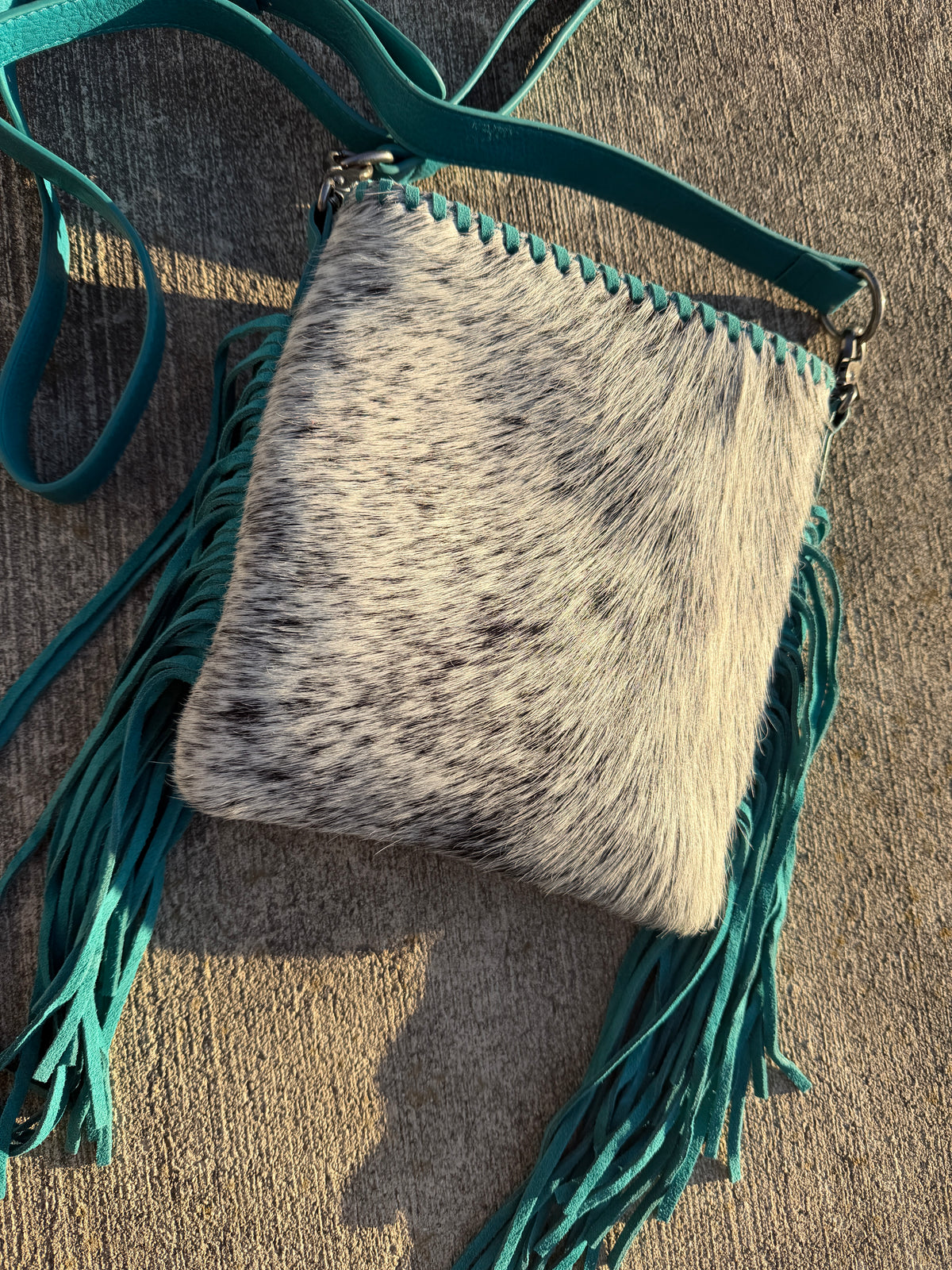 Trinity Ranch Hair-On Cowhide Fringe Concealed Carry Crossbody Bag - Teal