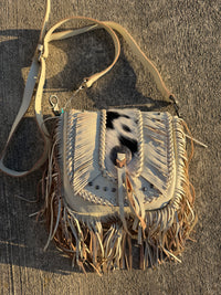 Montana West Genuine Leather Hair-On Cowhide Fringe Bohemian Crossbody - white