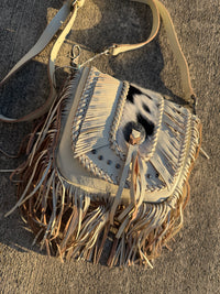Montana West Genuine Leather Hair-On Cowhide Fringe Bohemian Crossbody - white