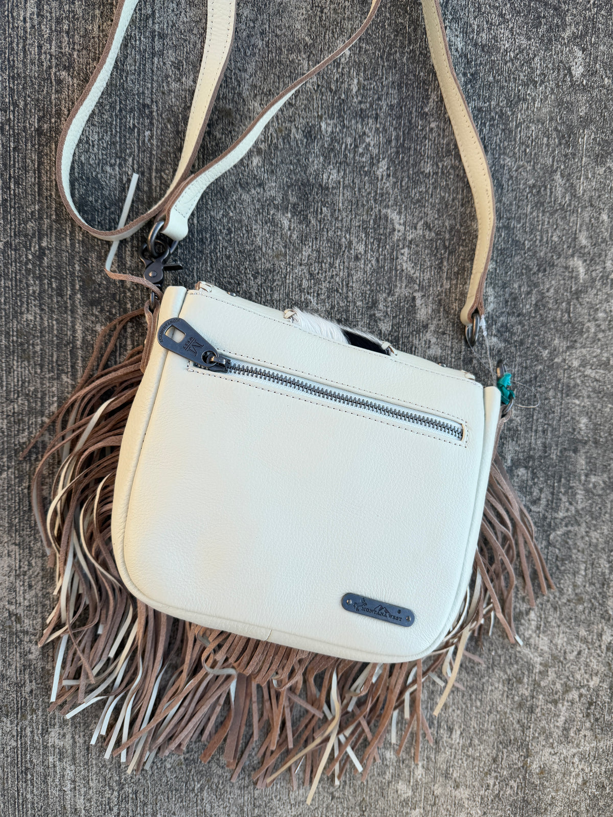 Montana West Genuine Leather Hair-On Cowhide Fringe Bohemian Crossbody - white