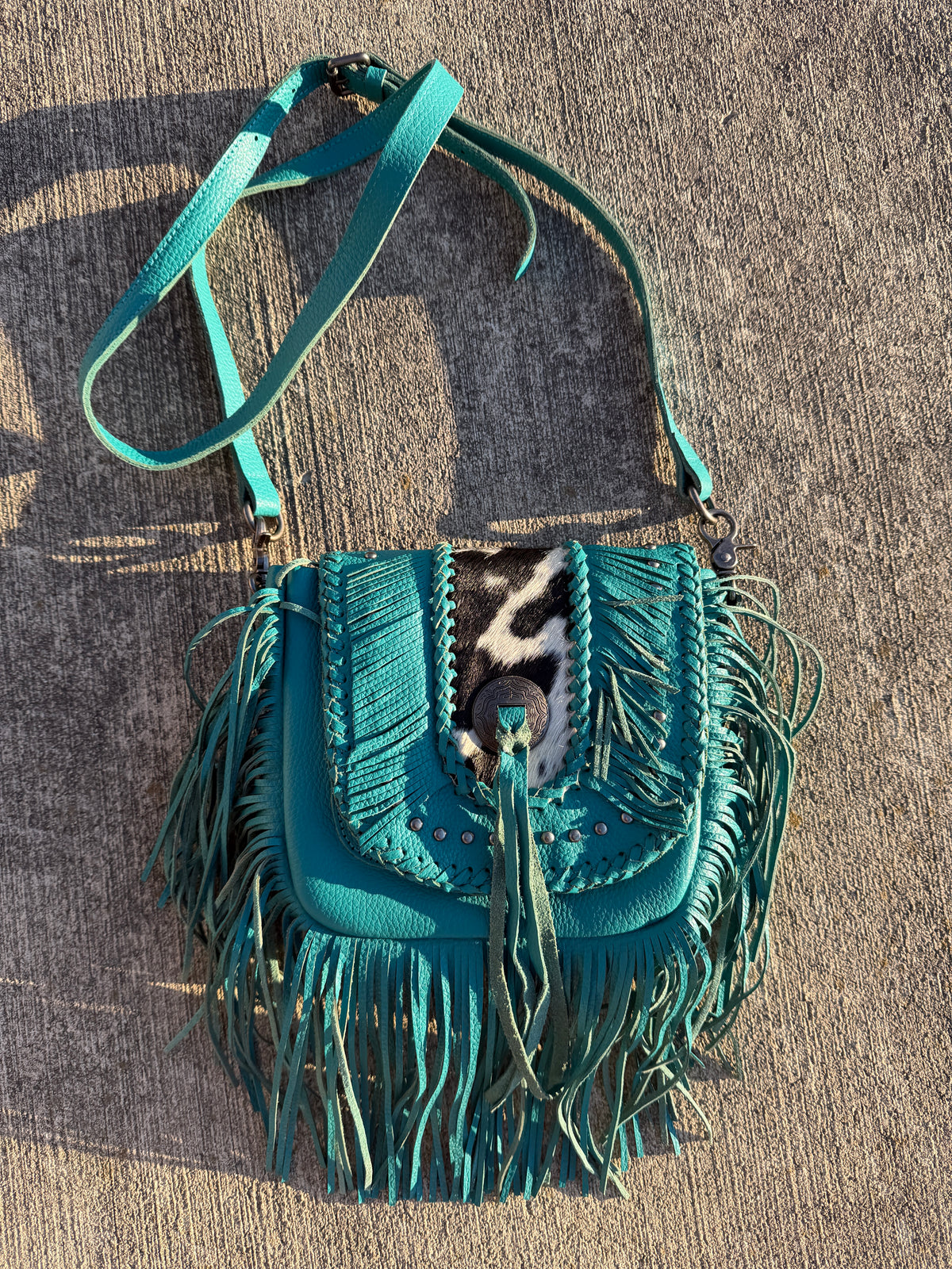 Montana West Genuine Leather Hair-On Cowhide Fringe Bohemian Crossbody - Teal