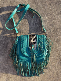 Montana West Genuine Leather Hair-On Cowhide Fringe Bohemian Crossbody - Teal