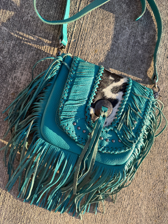 Montana West Genuine Leather Hair-On Cowhide Fringe Bohemian Crossbody - Teal