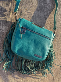 Montana West Genuine Leather Hair-On Cowhide Fringe Bohemian Crossbody - Teal
