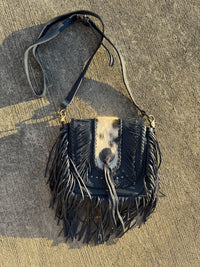 Montana West Genuine Leather Hair-On Cowhide Fringe Bohemian Crossbody - Navy