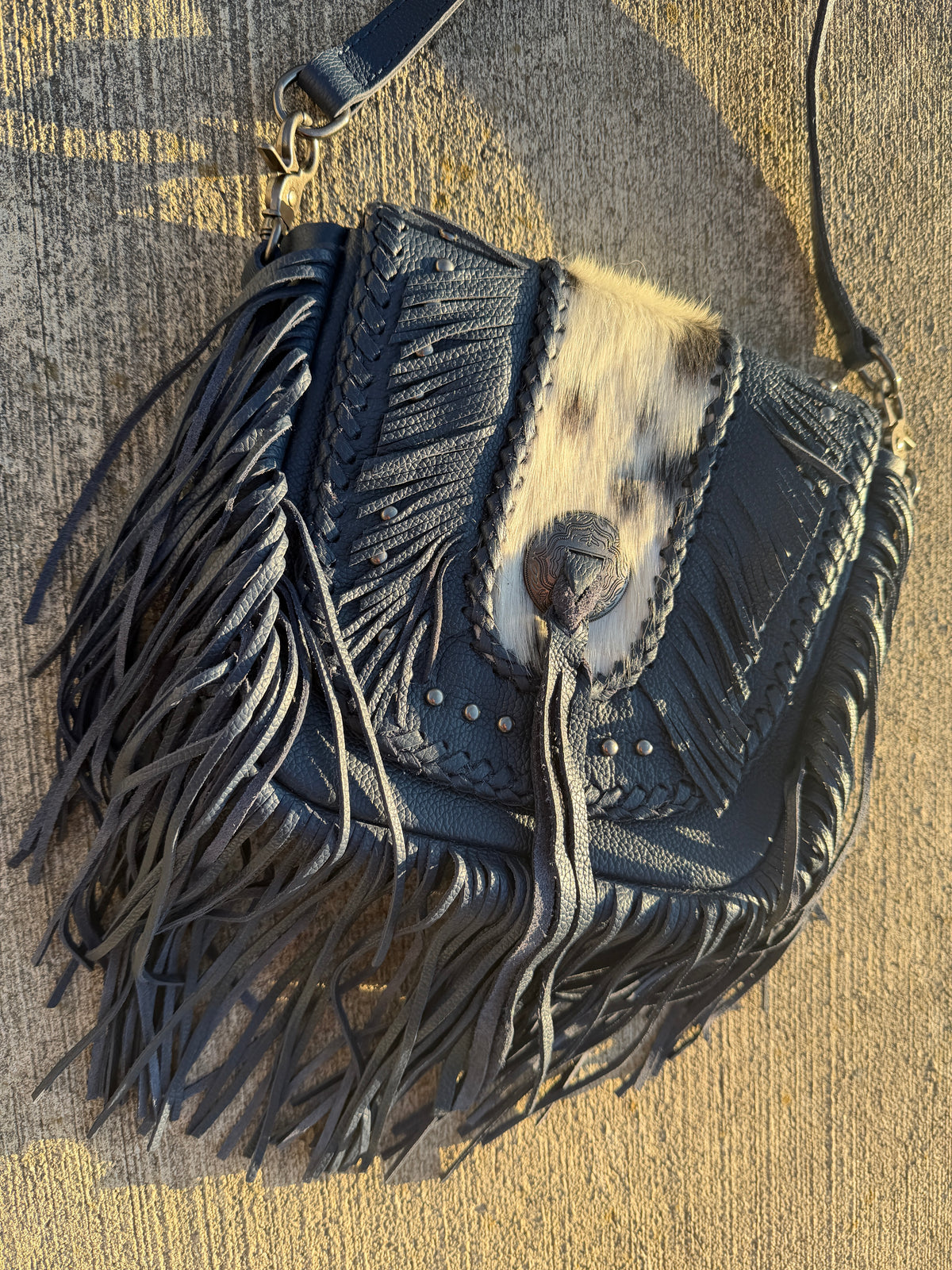 Montana West Genuine Leather Hair-On Cowhide Fringe Bohemian Crossbody - Navy