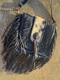 Montana West Genuine Leather Hair-On Cowhide Fringe Bohemian Crossbody - Navy